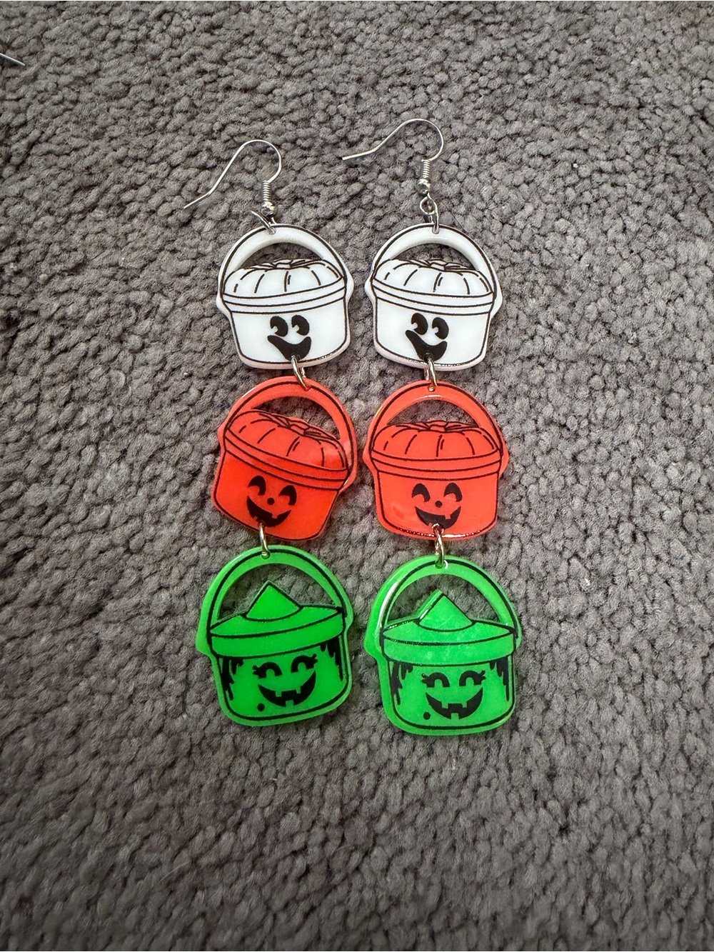 Halloween Candy Boo Bucket Dangle Earrings - White, Orange, Green